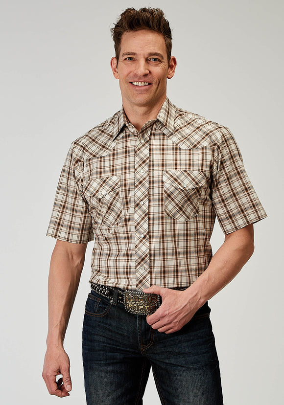 MENS SHORT SLEEVE SNAP DESERT PLAID WESTERN SHIRT