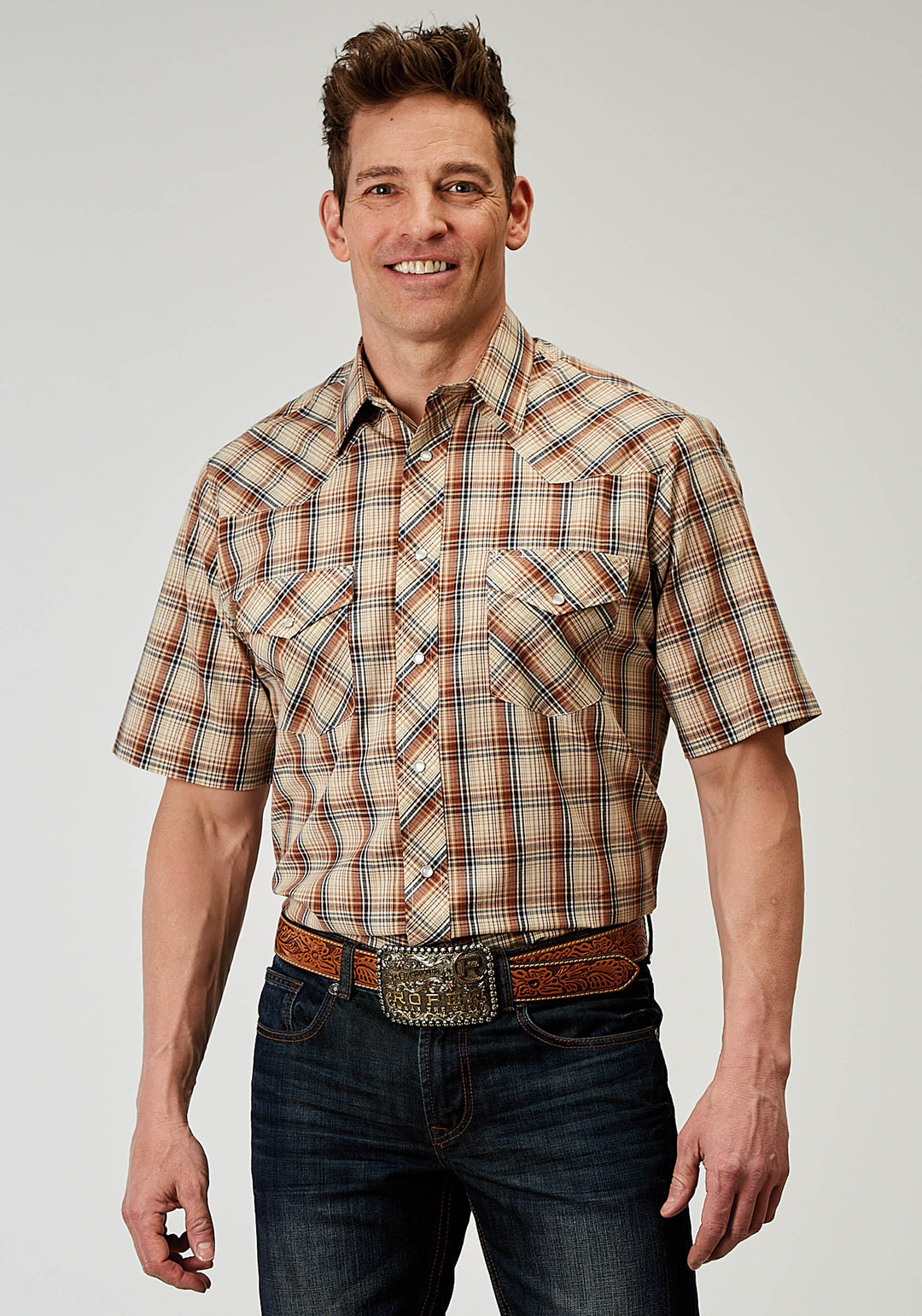 MENS SHORT SLEEVE SNAP BROWN PLAID WESTERN SHIRT