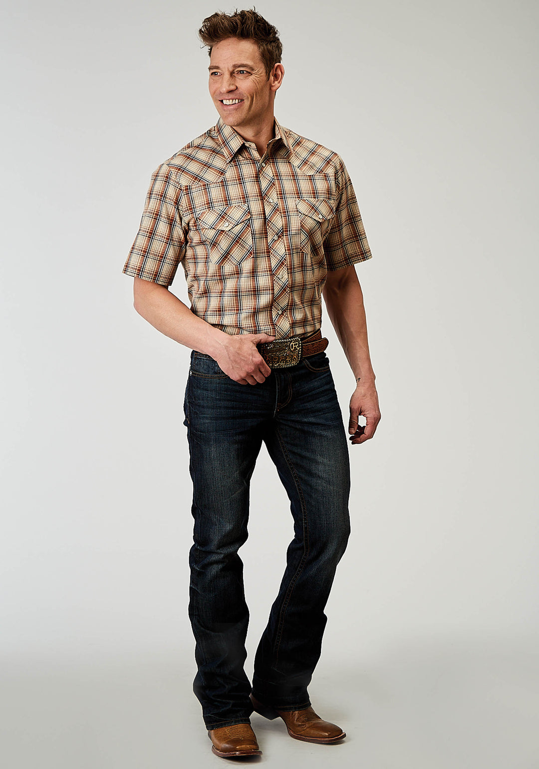 MENS SHORT SLEEVE SNAP BROWN PLAID WESTERN SHIRT