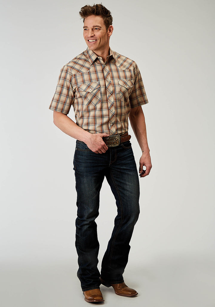 MENS SHORT SLEEVE SNAP BROWN PLAID WESTERN SHIRT