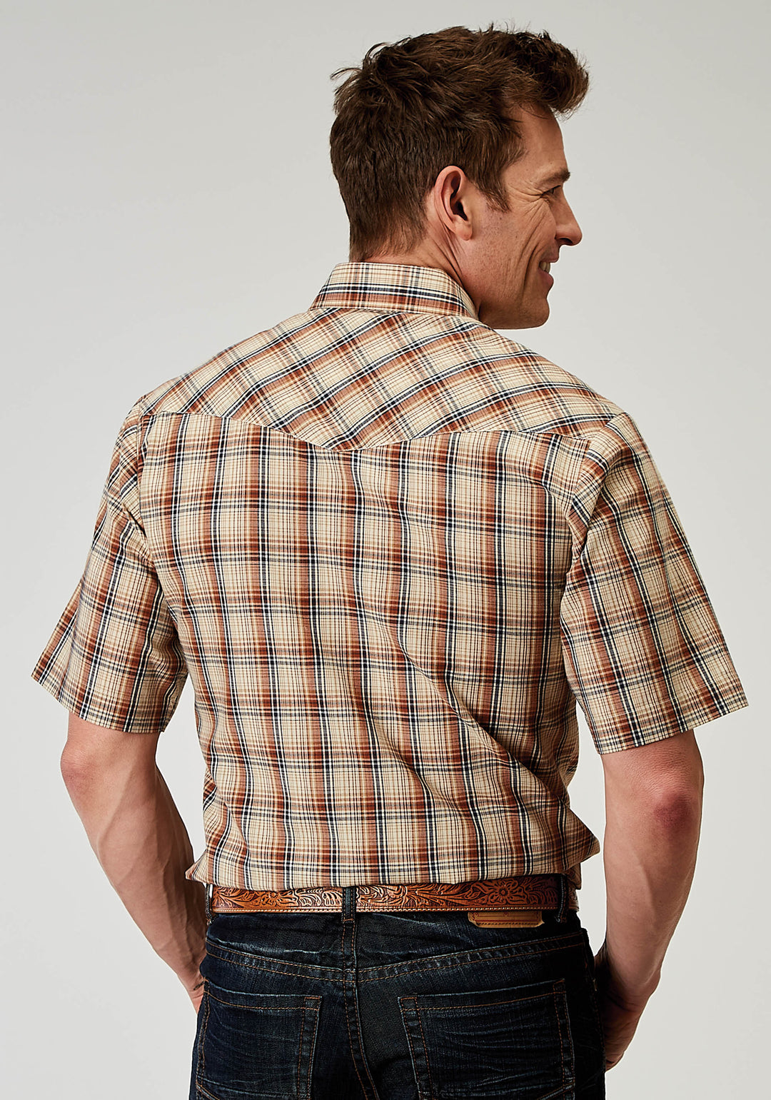 MENS SHORT SLEEVE SNAP BROWN PLAID WESTERN SHIRT