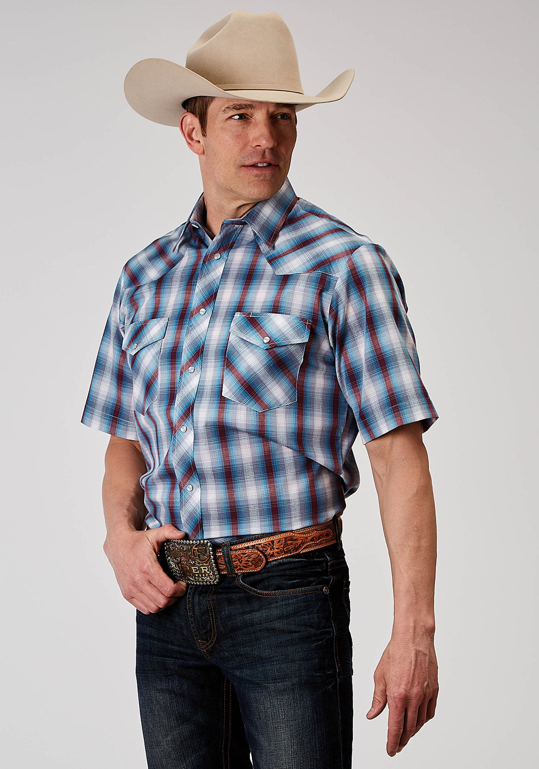 MENS SHORT SLEEVE SNAP AMERICANA PLAID WESTERN SHIRT