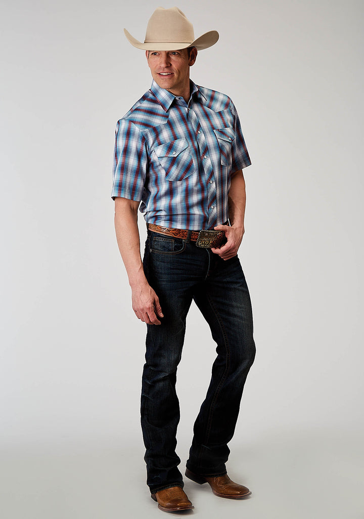 MENS SHORT SLEEVE SNAP AMERICANA PLAID WESTERN SHIRT