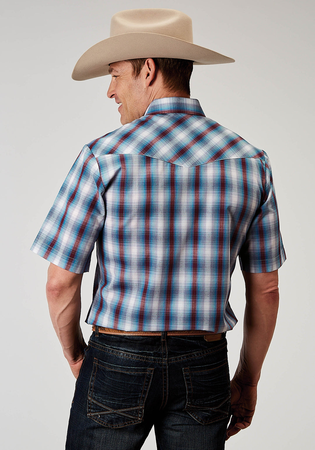 MENS SHORT SLEEVE SNAP AMERICANA PLAID WESTERN SHIRT