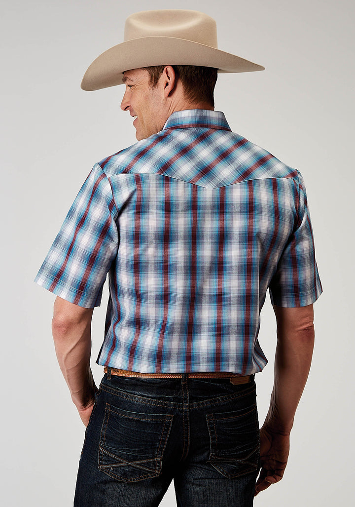 MENS SHORT SLEEVE SNAP AMERICANA PLAID WESTERN SHIRT