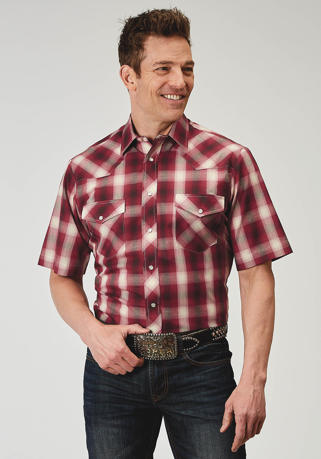 MENS SHORT SLEEVE SNAP RED PLAID WESTERN SHIRT