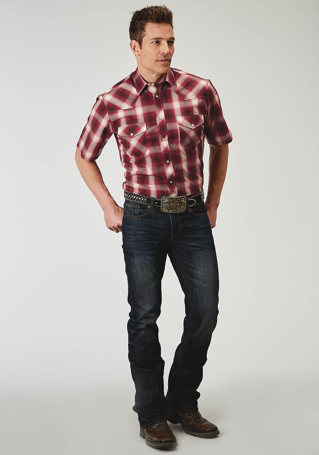 MENS SHORT SLEEVE SNAP RED PLAID WESTERN SHIRT