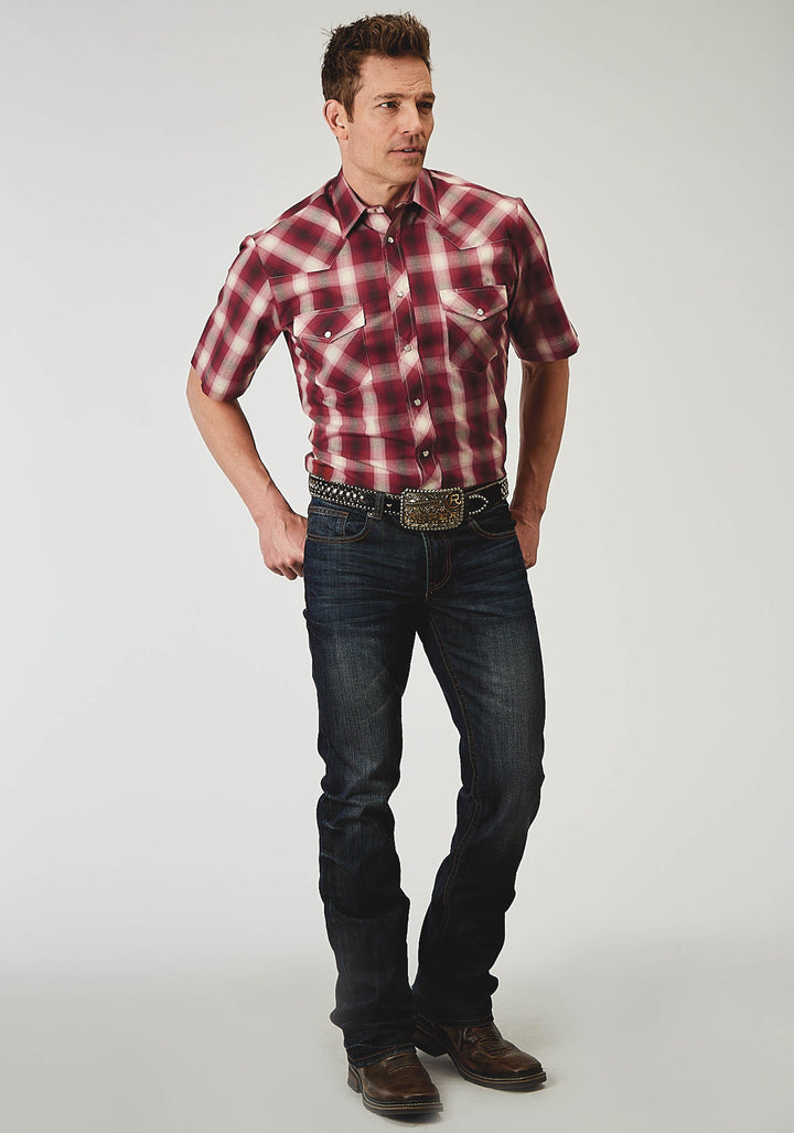 MENS SHORT SLEEVE SNAP RED PLAID WESTERN SHIRT