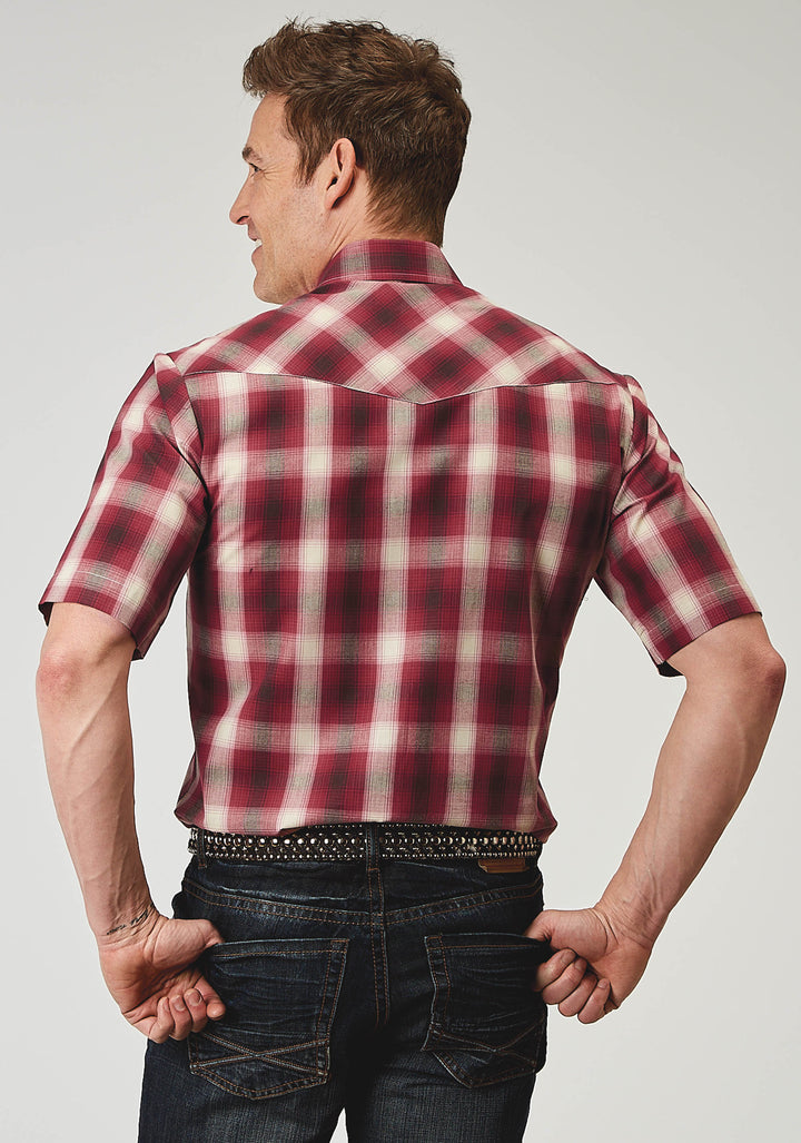 MENS SHORT SLEEVE SNAP RED PLAID WESTERN SHIRT