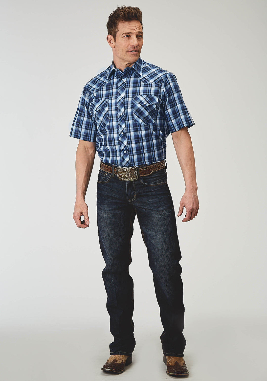 MENS SHORT SLEEVE SNAP MIDNIGHT PLAID WESTERN SHIRT