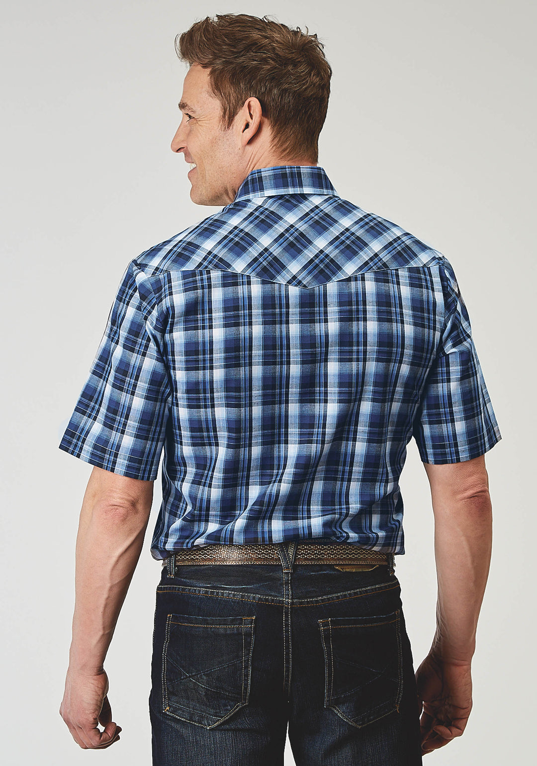 MENS SHORT SLEEVE SNAP MIDNIGHT PLAID WESTERN SHIRT