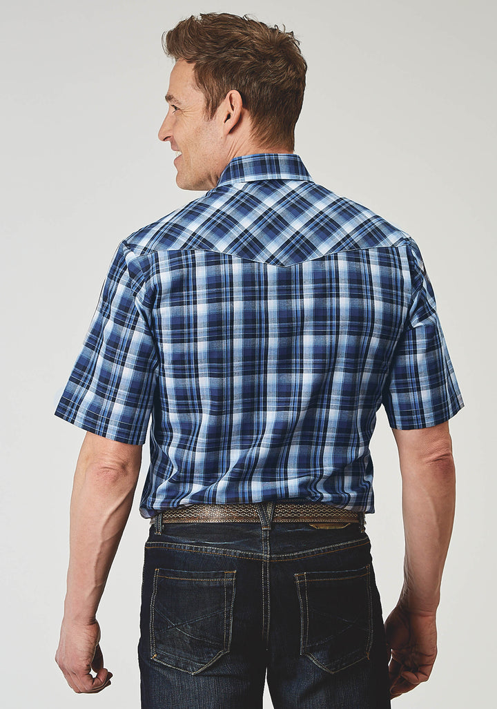 MENS SHORT SLEEVE SNAP MIDNIGHT PLAID WESTERN SHIRT