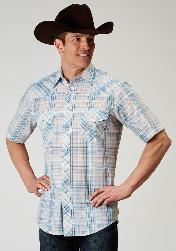 MENS SHORT SLEEVE SNAP MULTI PLAID WESTERN SHIRT