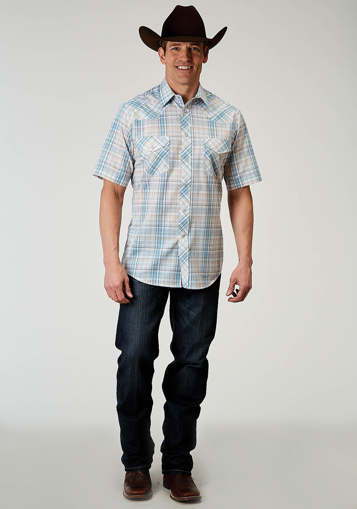 MENS SHORT SLEEVE SNAP MULTI PLAID WESTERN SHIRT