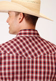MENS SHORT SLEEVE SNAP RED NAVY CREAM SMALL SCALE PLAID WESTERN SHIRT