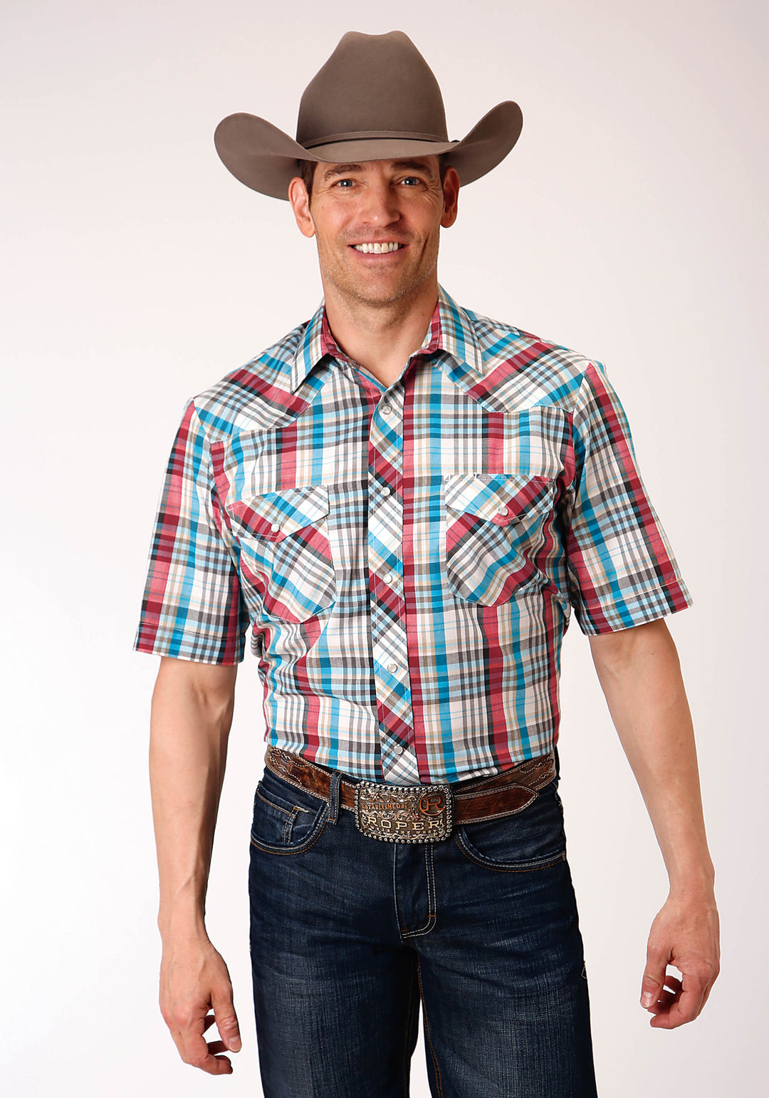 MENS SHORT SLEEVE SNAP CREAM TURQUOISE RED BLACK PLAID WESTERN SHIRT