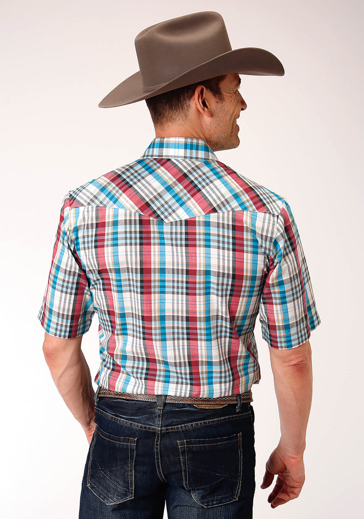 MENS SHORT SLEEVE SNAP CREAM TURQUOISE RED BLACK PLAID WESTERN SHIRT