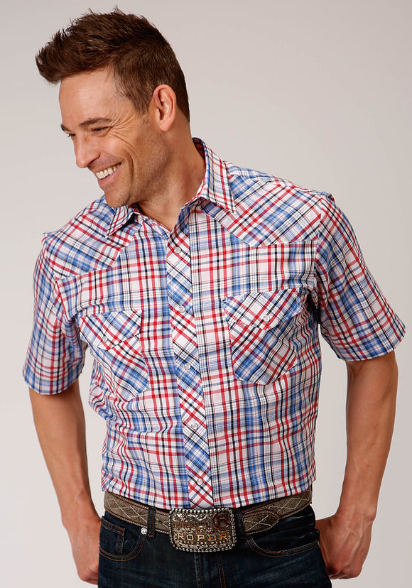MENS SHORT SLEEVE SNAP RED  BLACK AND WHITE PLAID WESTERN SHIRT