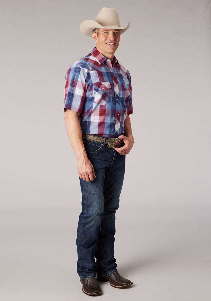 MENS RED WHITE PLAID WITH LUREX SHORT SLEEVE SNAP WESTERN SHIRT