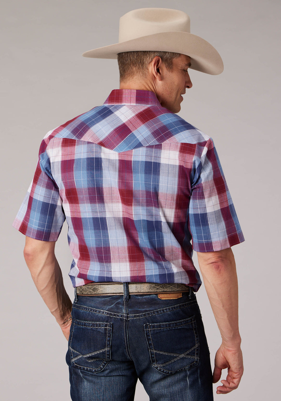 MENS RED WHITE PLAID WITH LUREX SHORT SLEEVE SNAP WESTERN SHIRT