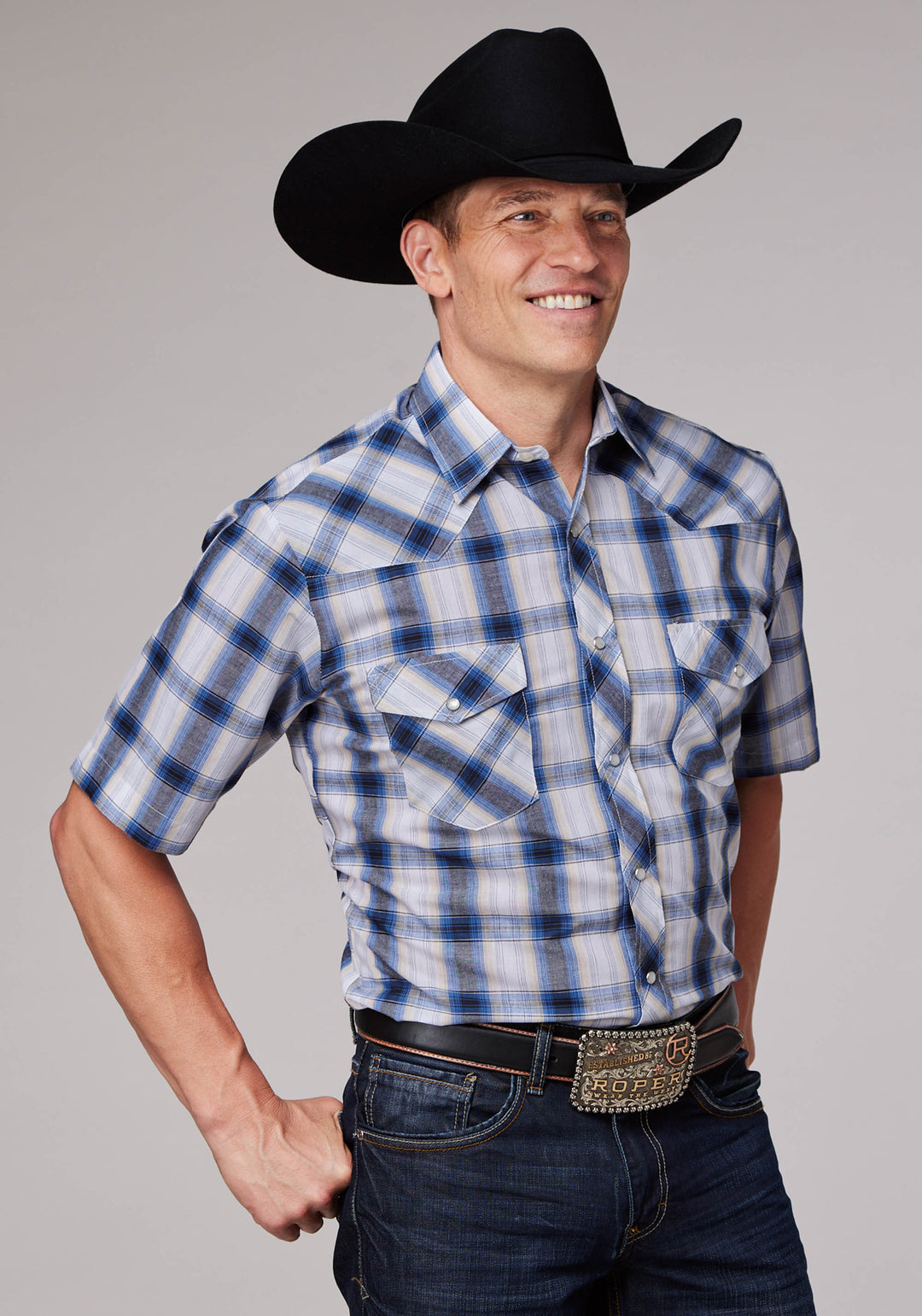 MENS NAVY WHITE CREAM AND BLACK PLAID SHORT SLEEVE SNAP WESTERN SHIRT
