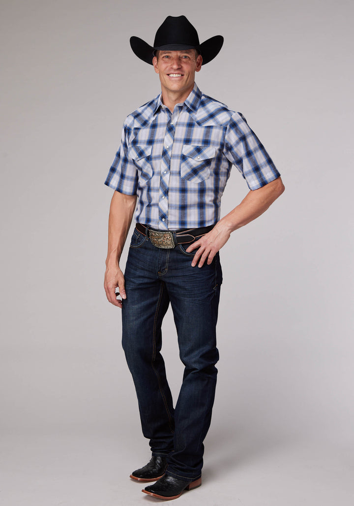 MENS NAVY WHITE CREAM AND BLACK PLAID SHORT SLEEVE SNAP WESTERN SHIRT