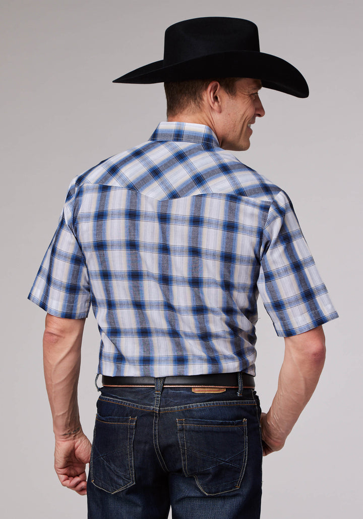 MENS NAVY WHITE CREAM AND BLACK PLAID SHORT SLEEVE SNAP WESTERN SHIRT