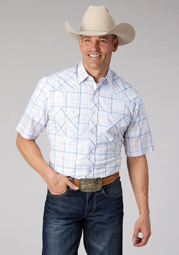 MENS WHITE BLUE TAN WINDOWPANE PLAID SHORT SLEEVE SNAP WESTERN SHIRT