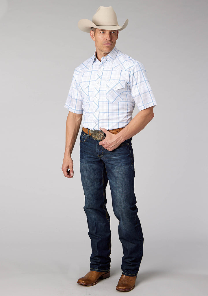 MENS WHITE BLUE TAN WINDOWPANE PLAID SHORT SLEEVE SNAP WESTERN SHIRT