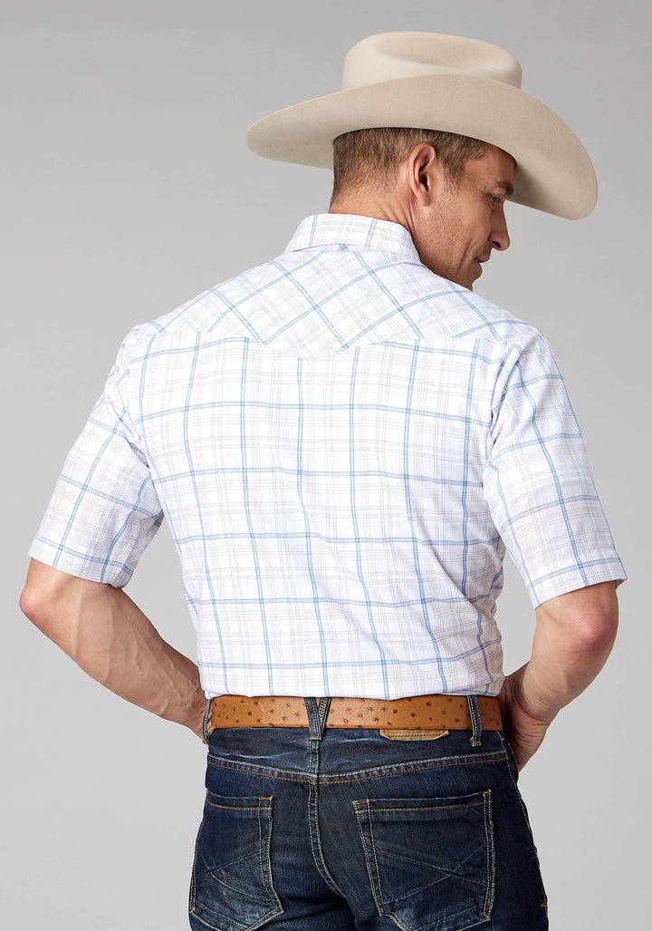 MENS WHITE BLUE TAN WINDOWPANE PLAID SHORT SLEEVE SNAP WESTERN SHIRT