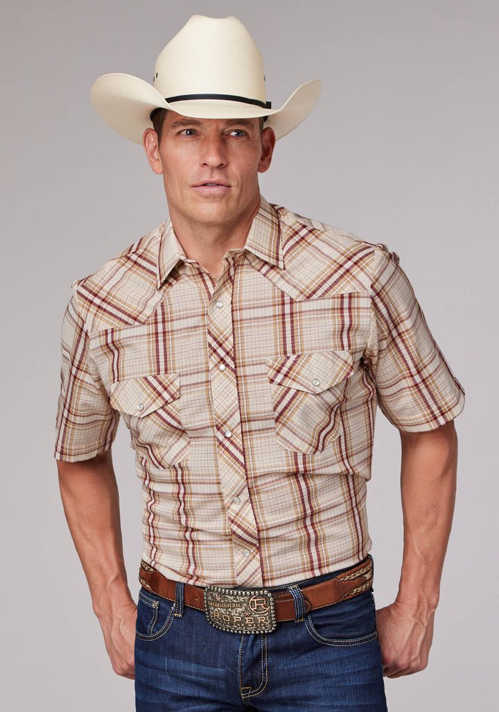 MENS TAN CREAM AND WINE PLAID SHORT SLEEVE SNAP WESTERN SHIRT