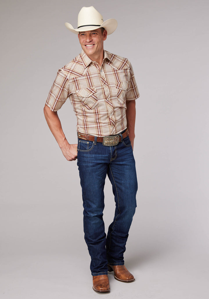 MENS TAN CREAM AND WINE PLAID SHORT SLEEVE SNAP WESTERN SHIRT