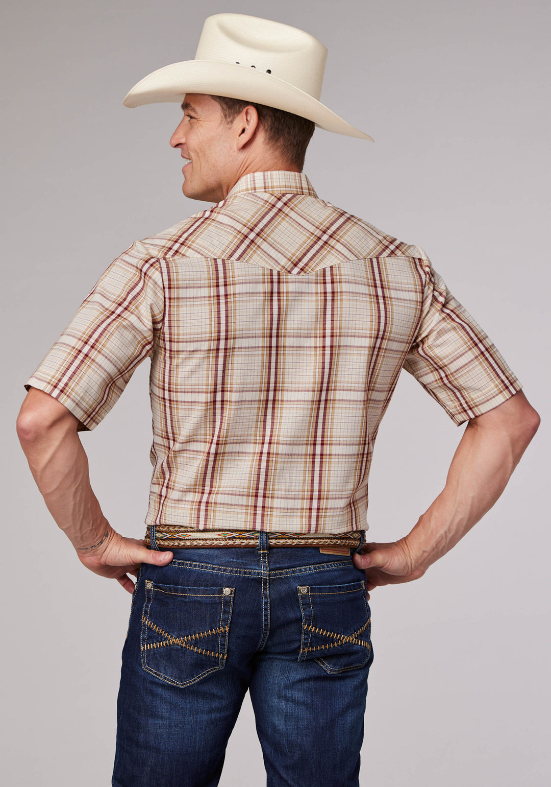 MENS TAN CREAM AND WINE PLAID SHORT SLEEVE SNAP WESTERN SHIRT
