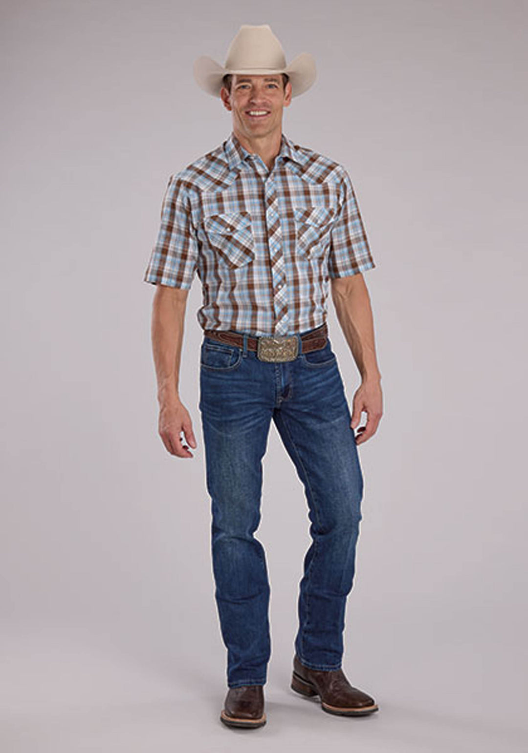 MENS COCOA SKY BLUE WHITE PLAID SHORT SLEEVE SNAP WESTERN SHIRT