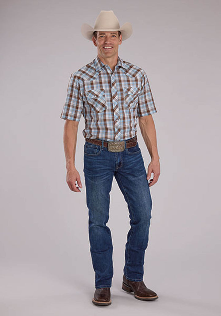 MENS COCOA SKY BLUE WHITE PLAID SHORT SLEEVE SNAP WESTERN SHIRT