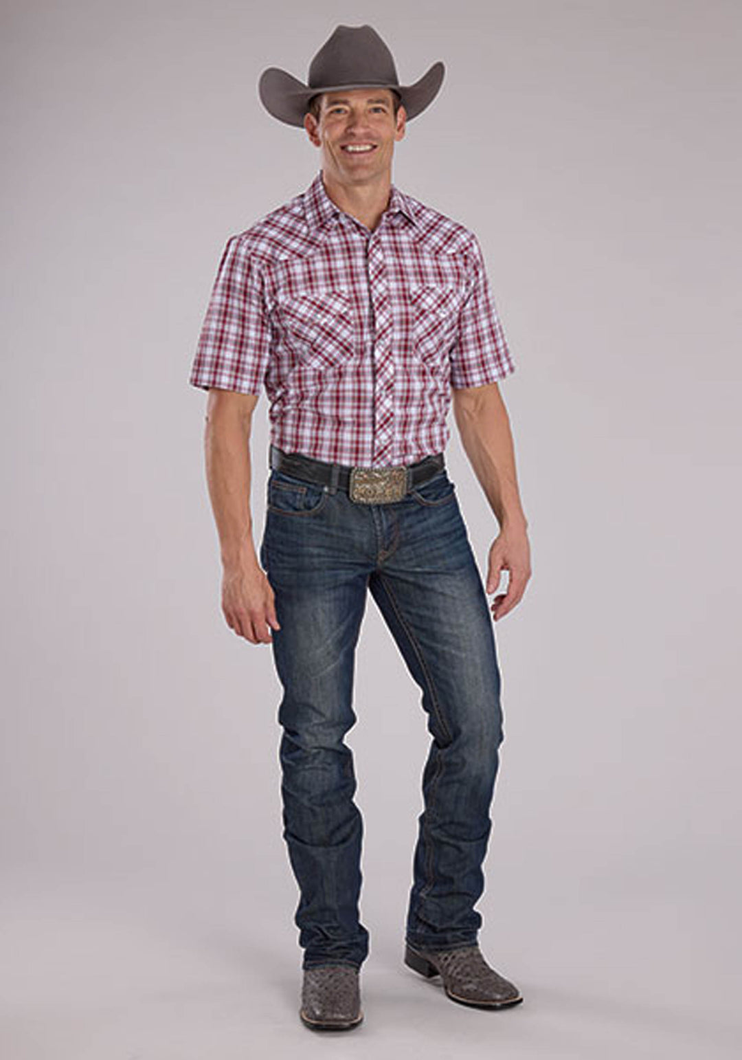 MENS RED WHITE AND BLACK PLAID SHORT SLEEVE SNAP WESTERN SHIRT