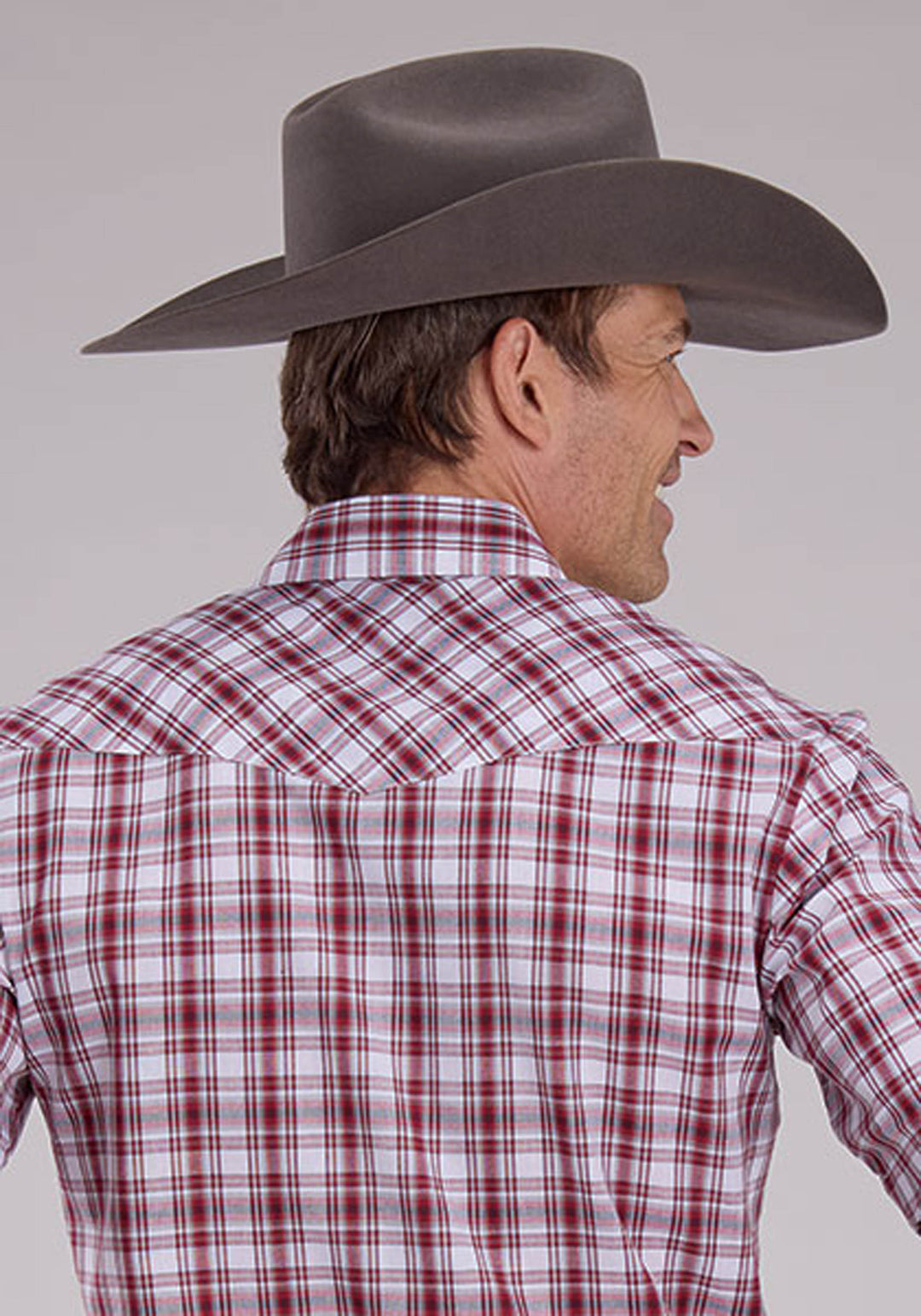 MENS RED WHITE AND BLACK PLAID SHORT SLEEVE SNAP WESTERN SHIRT