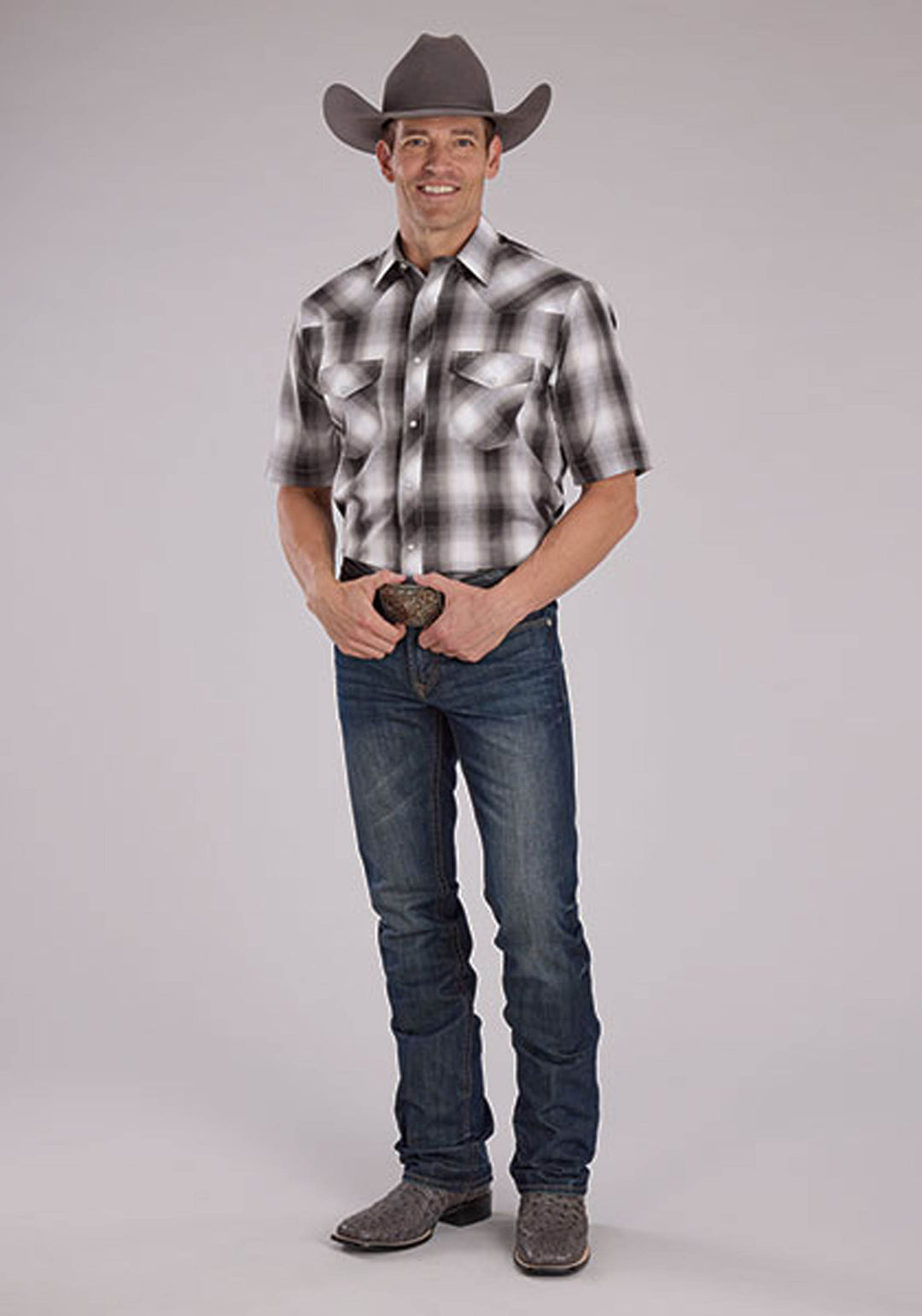 MENS GRAY BLACK AND WHITE PLAID SHORT SLEEVE SNAP WESTERN SHIRT