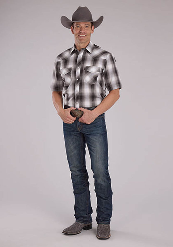 MENS GRAY BLACK AND WHITE PLAID SHORT SLEEVE SNAP WESTERN SHIRT