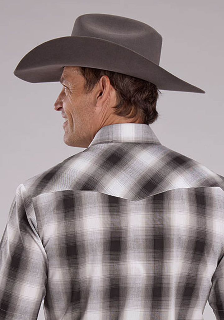 MENS GRAY BLACK AND WHITE PLAID SHORT SLEEVE SNAP WESTERN SHIRT
