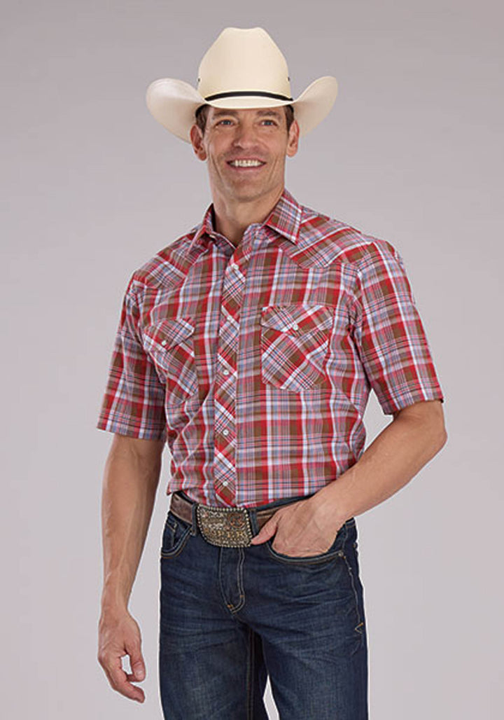MENS BROWN RED AND BLUE PLAID SHORT SLEEVE SNAP WESTERN SHIRT