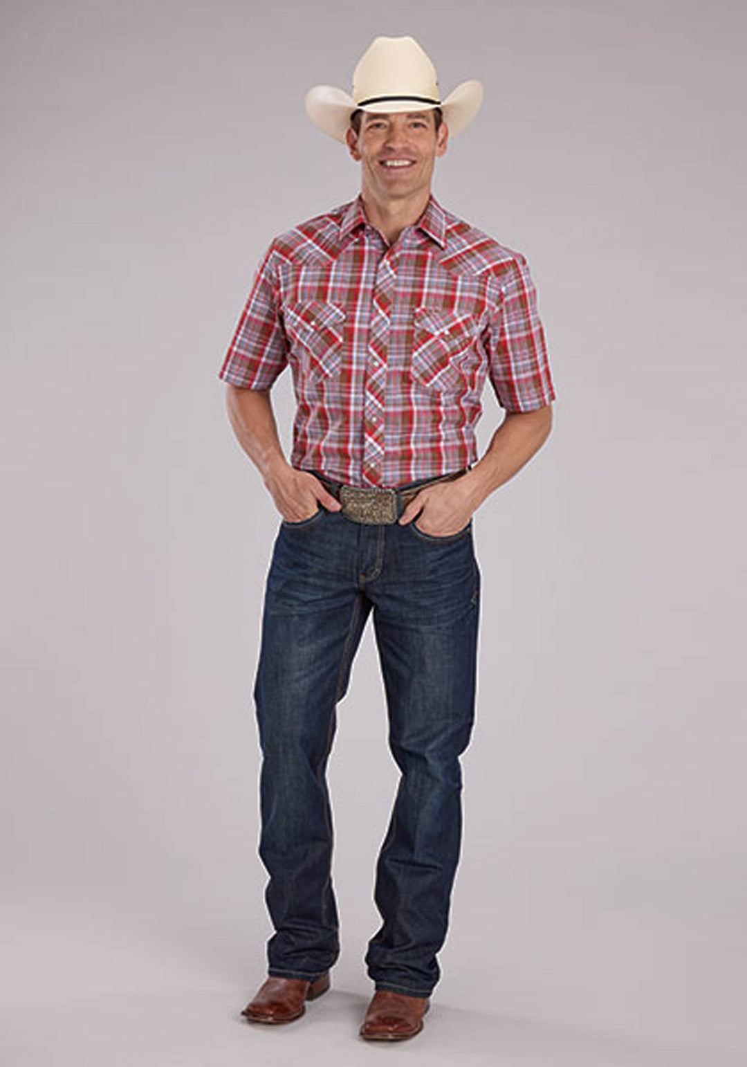 MENS BROWN RED AND BLUE PLAID SHORT SLEEVE SNAP WESTERN SHIRT