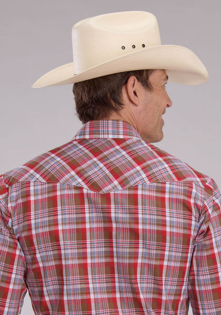 MENS BROWN RED AND BLUE PLAID SHORT SLEEVE SNAP WESTERN SHIRT