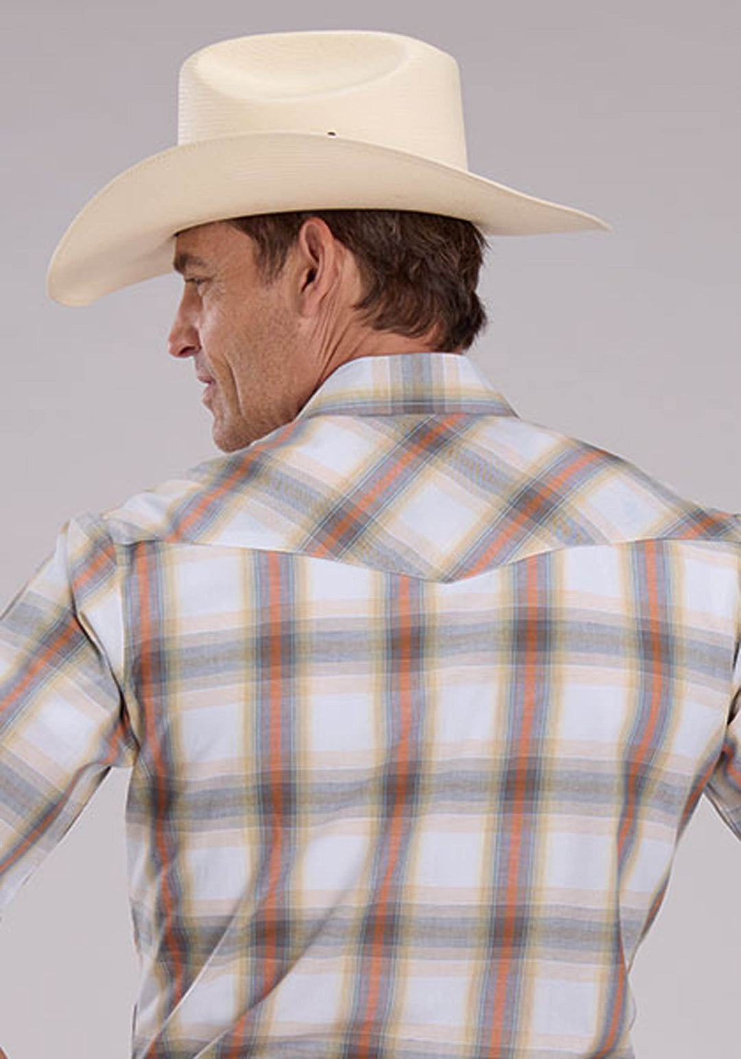 MENS SHORT SLEEVE SNAP CREAM STEEL BLUE TANGERINE PLAID WESTERN SHIRT