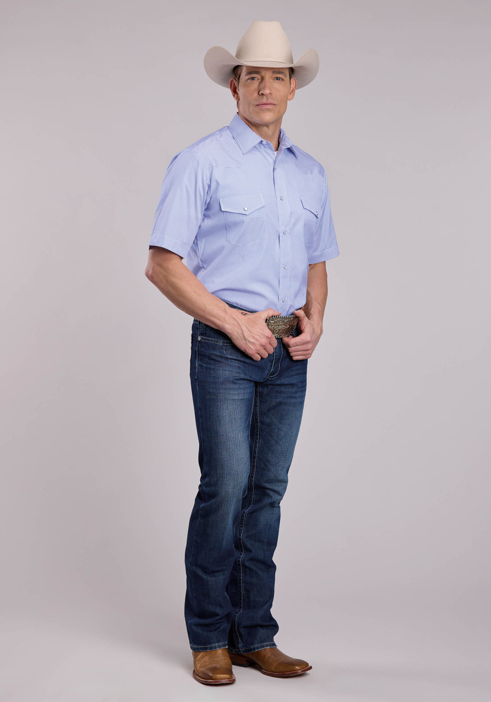 MENS ROPER BLUE STRIPE SHORT SLEEVE SNAP SHIRT