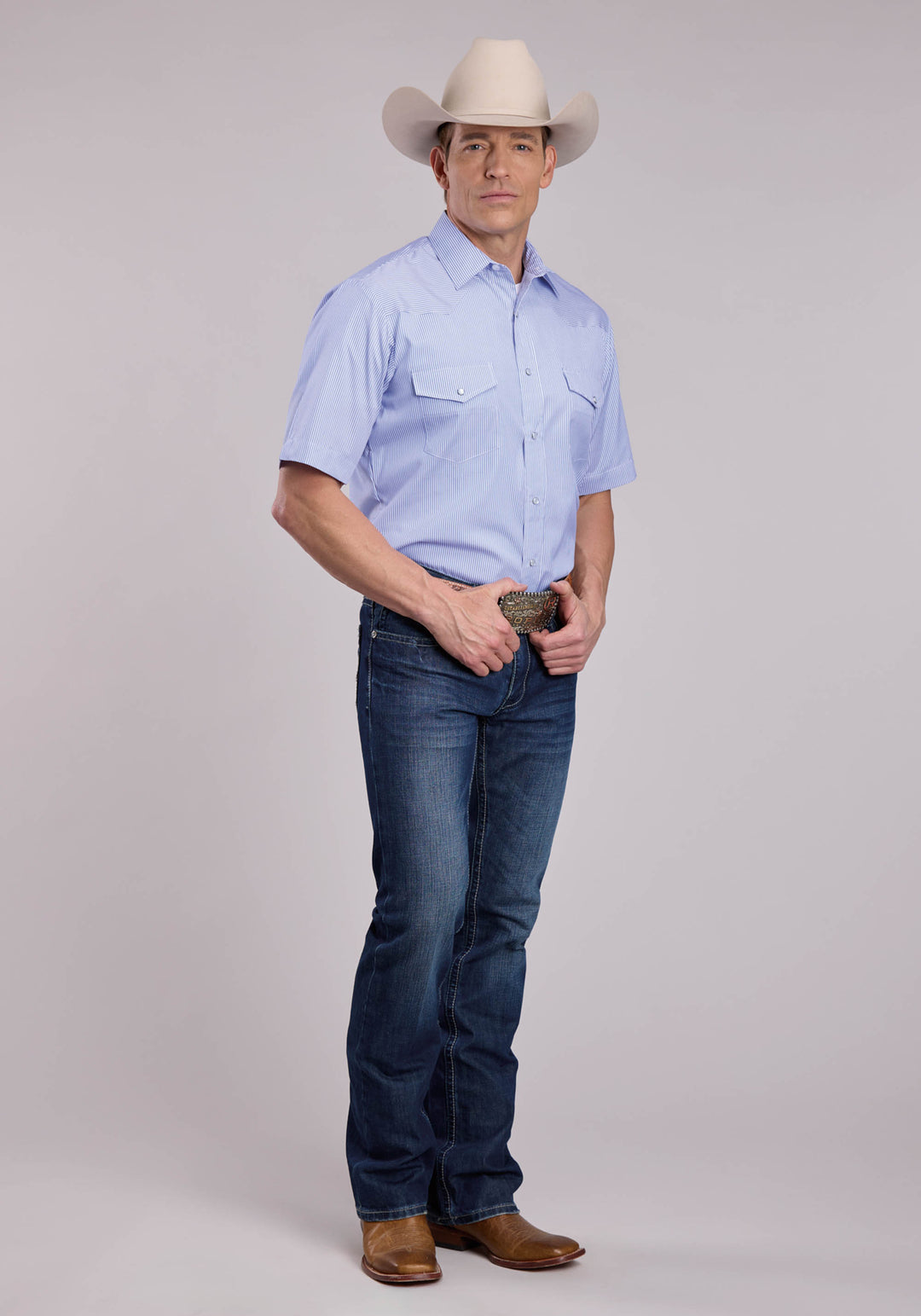 MENS ROPER BLUE STRIPE SHORT SLEEVE SNAP SHIRT