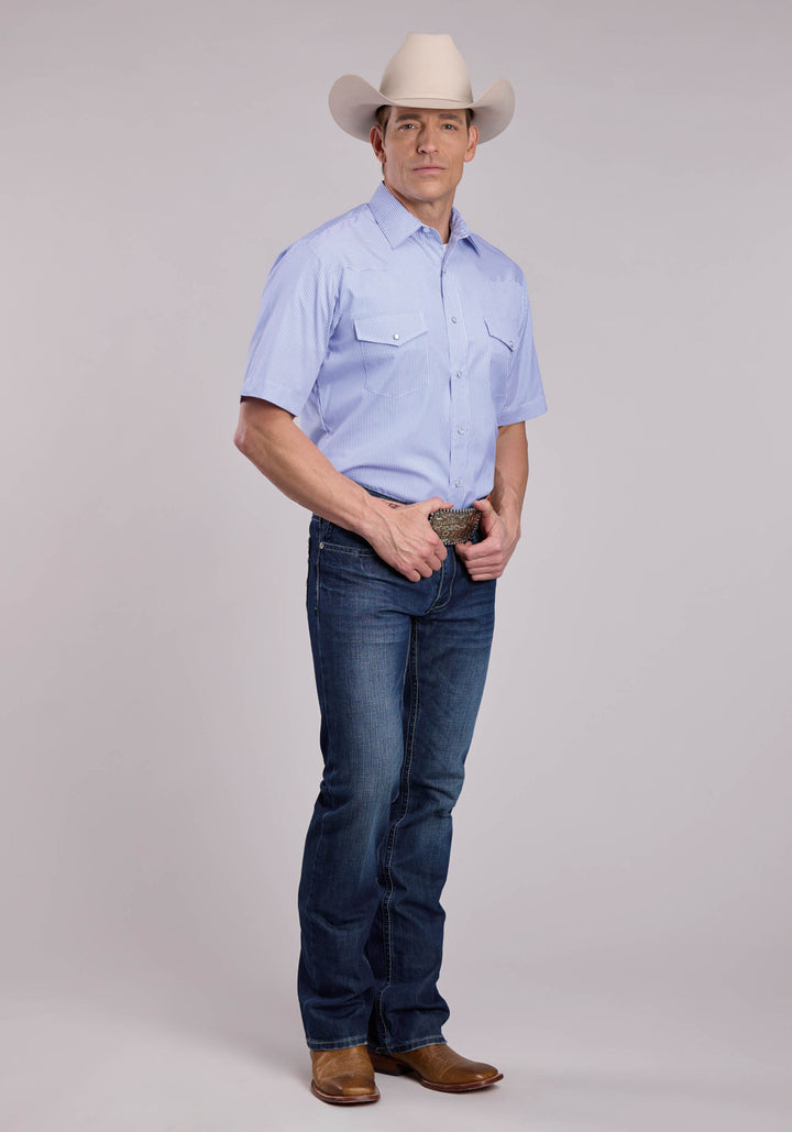 MENS ROPER BLUE STRIPE SHORT SLEEVE SNAP SHIRT