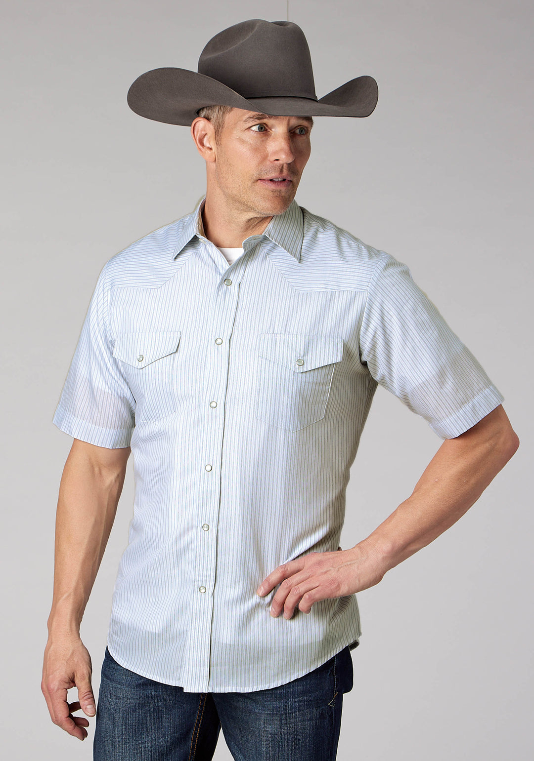 MENS LIGHT BLUE CHARCOAL WH STRIPE SHORT SLEEVE SNAP WESTERN SHIRT