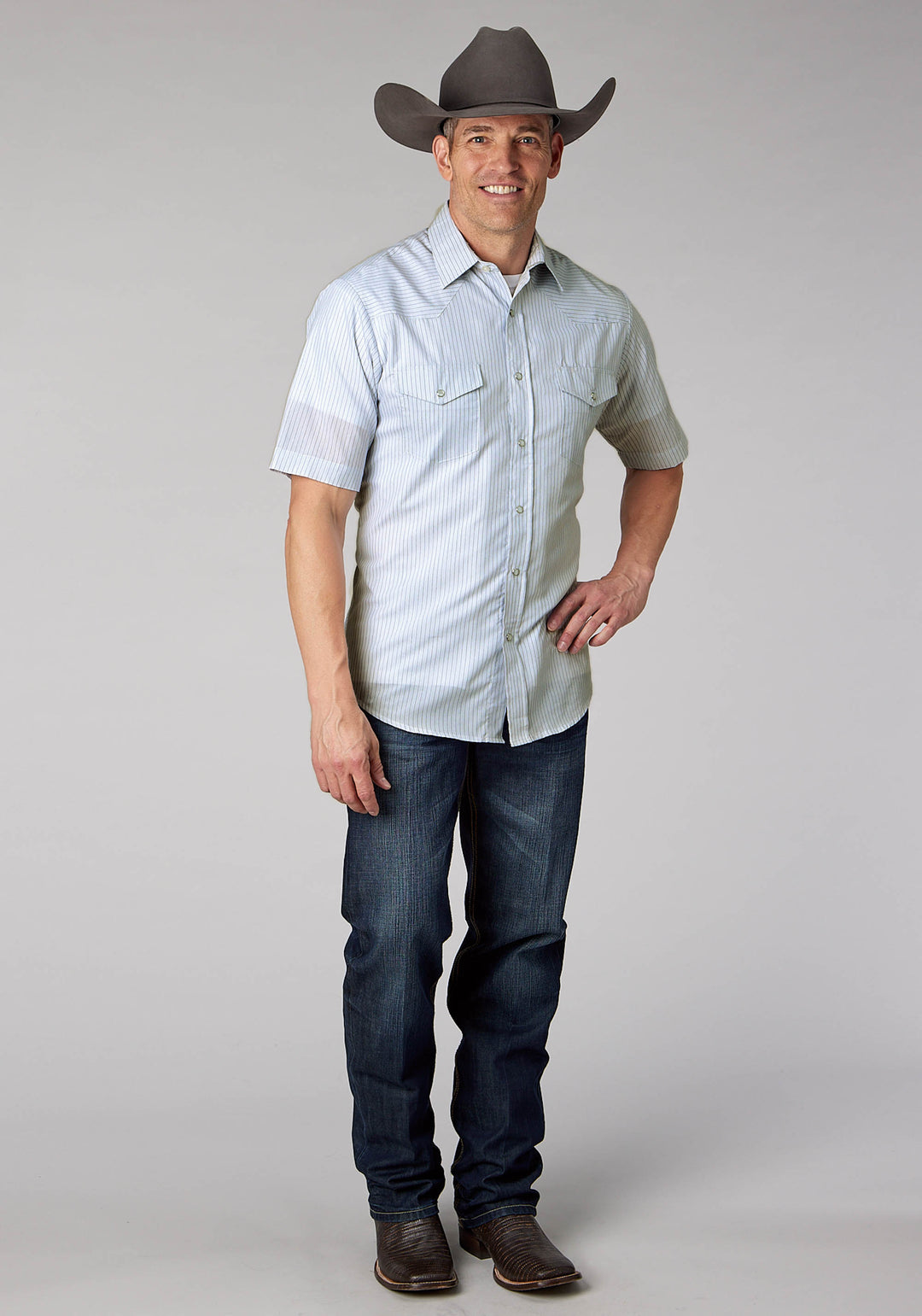 MENS LIGHT BLUE CHARCOAL WH STRIPE SHORT SLEEVE SNAP WESTERN SHIRT
