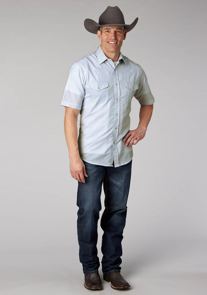 MENS LIGHT BLUE CHARCOAL WH STRIPE SHORT SLEEVE SNAP WESTERN SHIRT